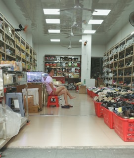 A man sitting on a chair in a shoe store