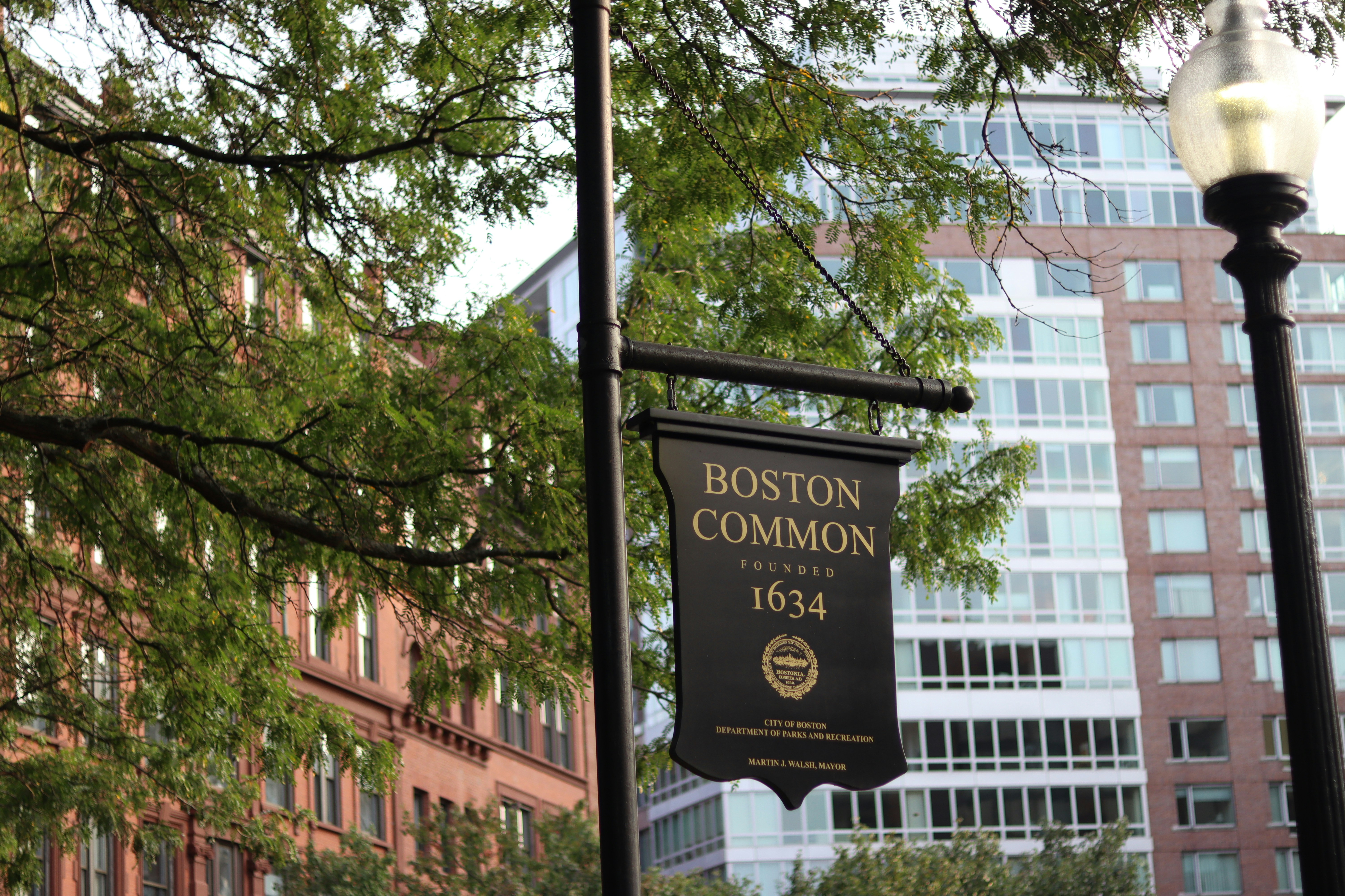 A street light with a sign hanging from it's side