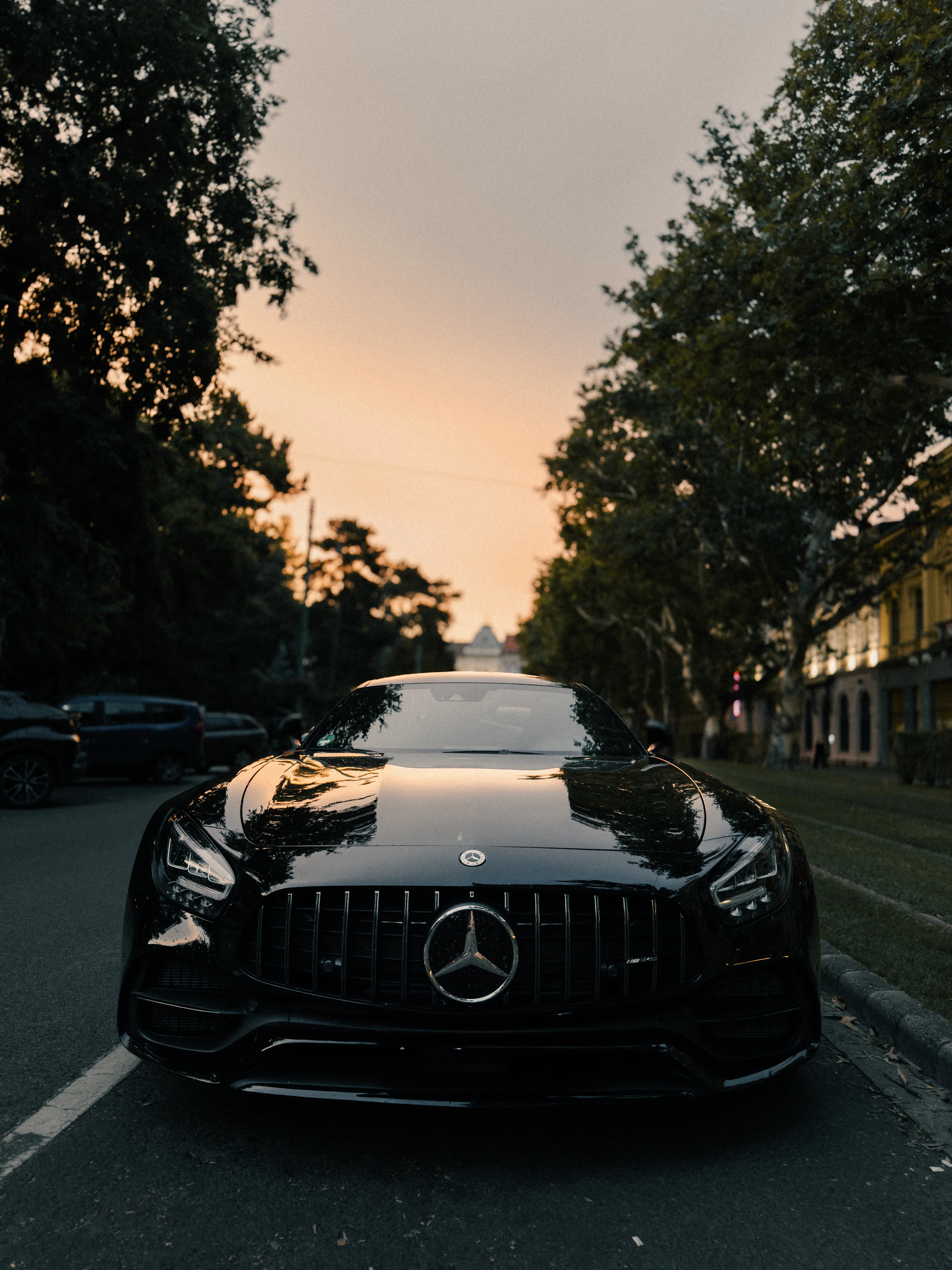 Black Mercedes-Benz luxury coupe at dusk