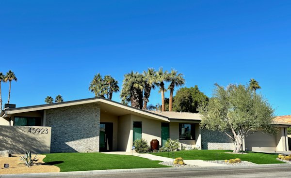 A house with palm trees in front of it