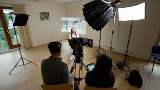 A group of people sitting around a camera