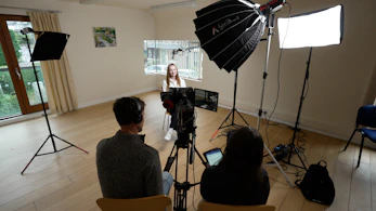 A group of people sitting around a camera