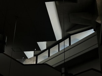 A black and white photo of a stairway