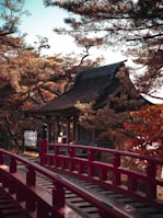 A red bridge over a small pond in a park