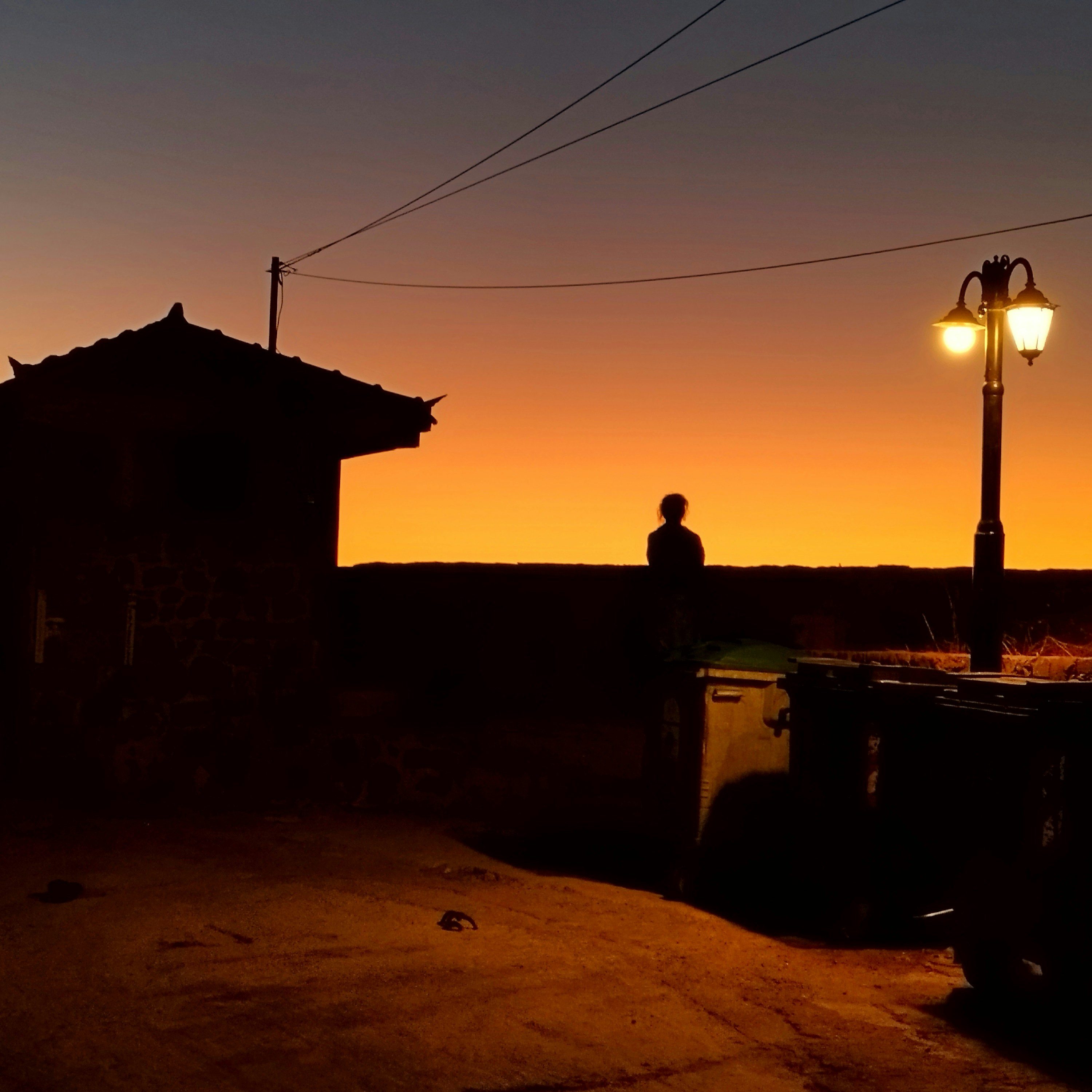 A person standing on a roof at sunset