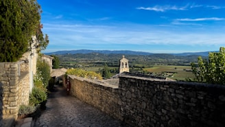 A stone wall with a clock tower in the distance