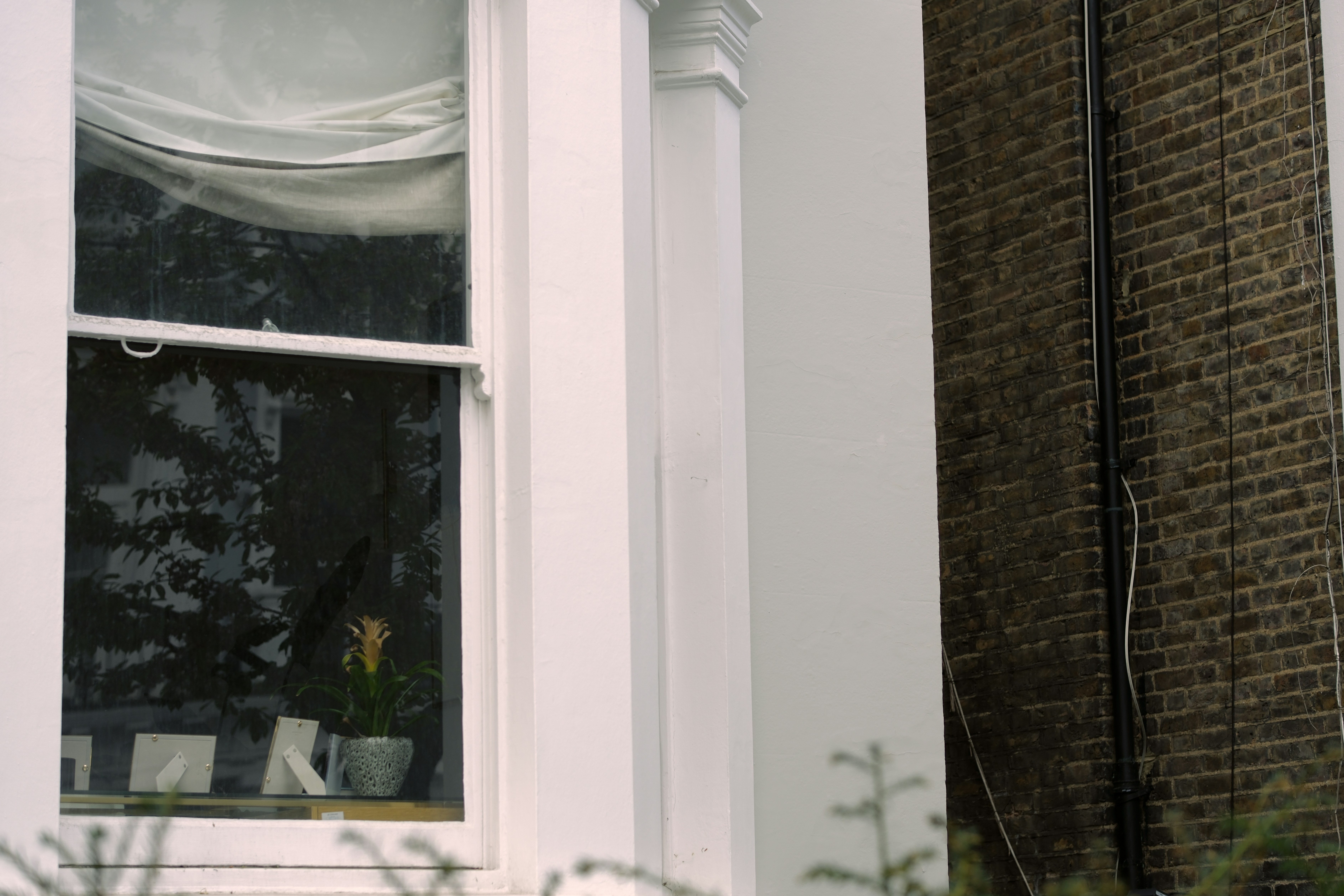 A cat sitting on a window sill in front of a brick building