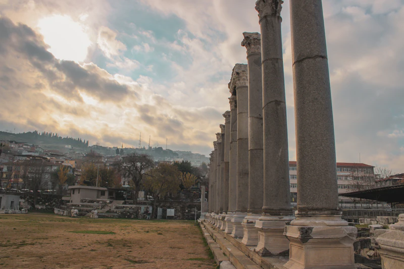 Ancient Greek marble columns at golden hour