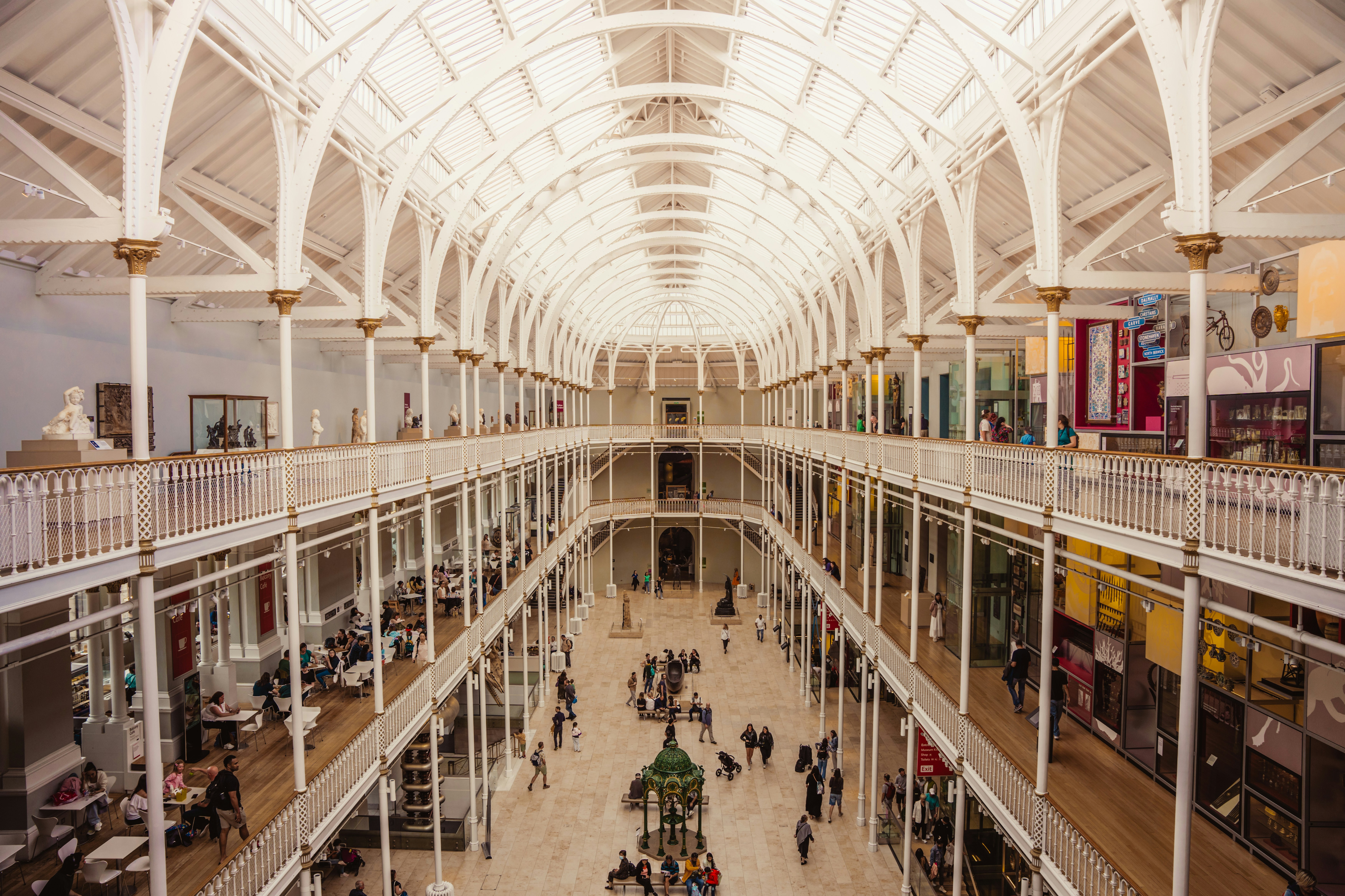 An overhead view of a building with people walking around