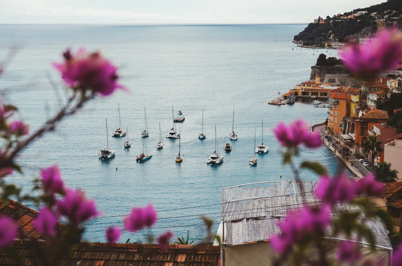 The harbor of Villefranche-sur-Mer on the Côte d'Azur, framed by pink bougainvillea