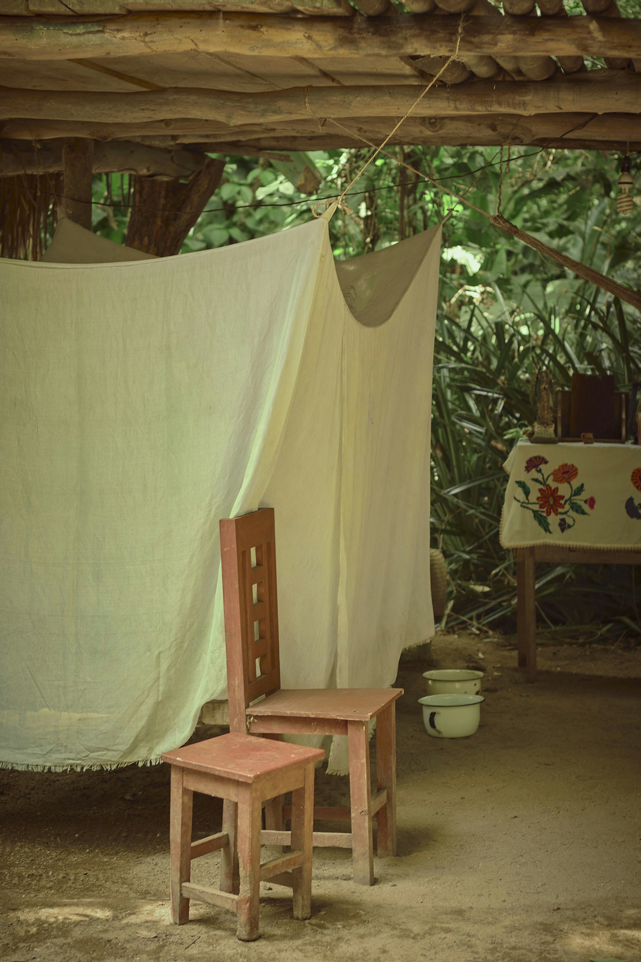 A chair and a table in a room