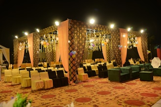 A banquet hall set up for an event