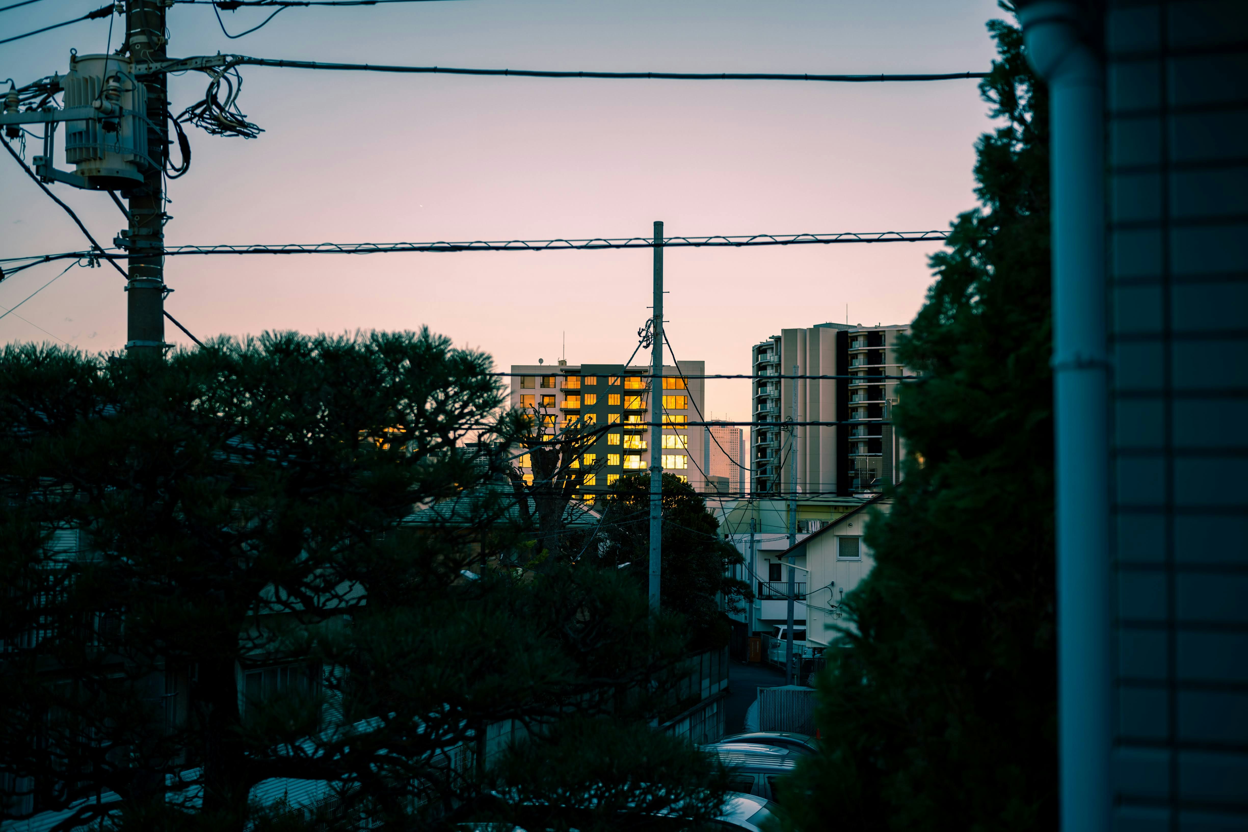 A view of a city at dusk from a distance