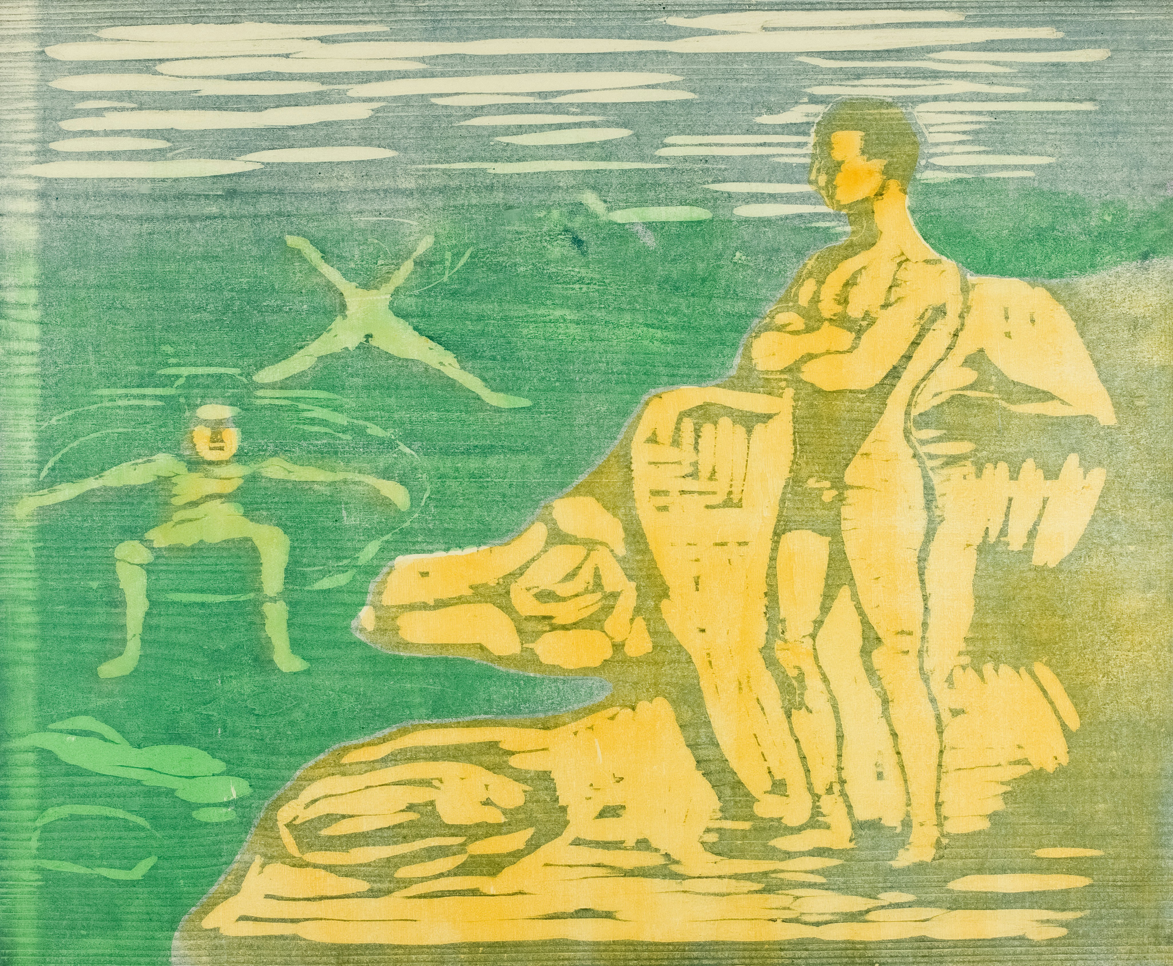 A muscular man stands beside a stone sculpture
