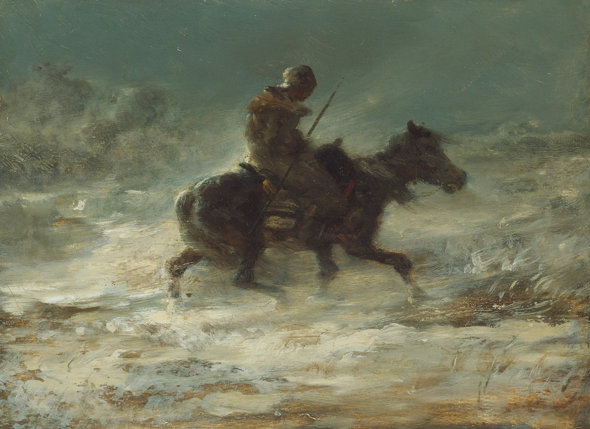 Galloping horse oil painting at dusk