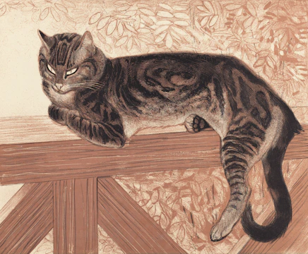 A tabby cat rests on a wooden railing.