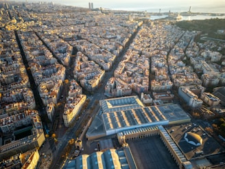 An aerial view of a city with lots of buildings