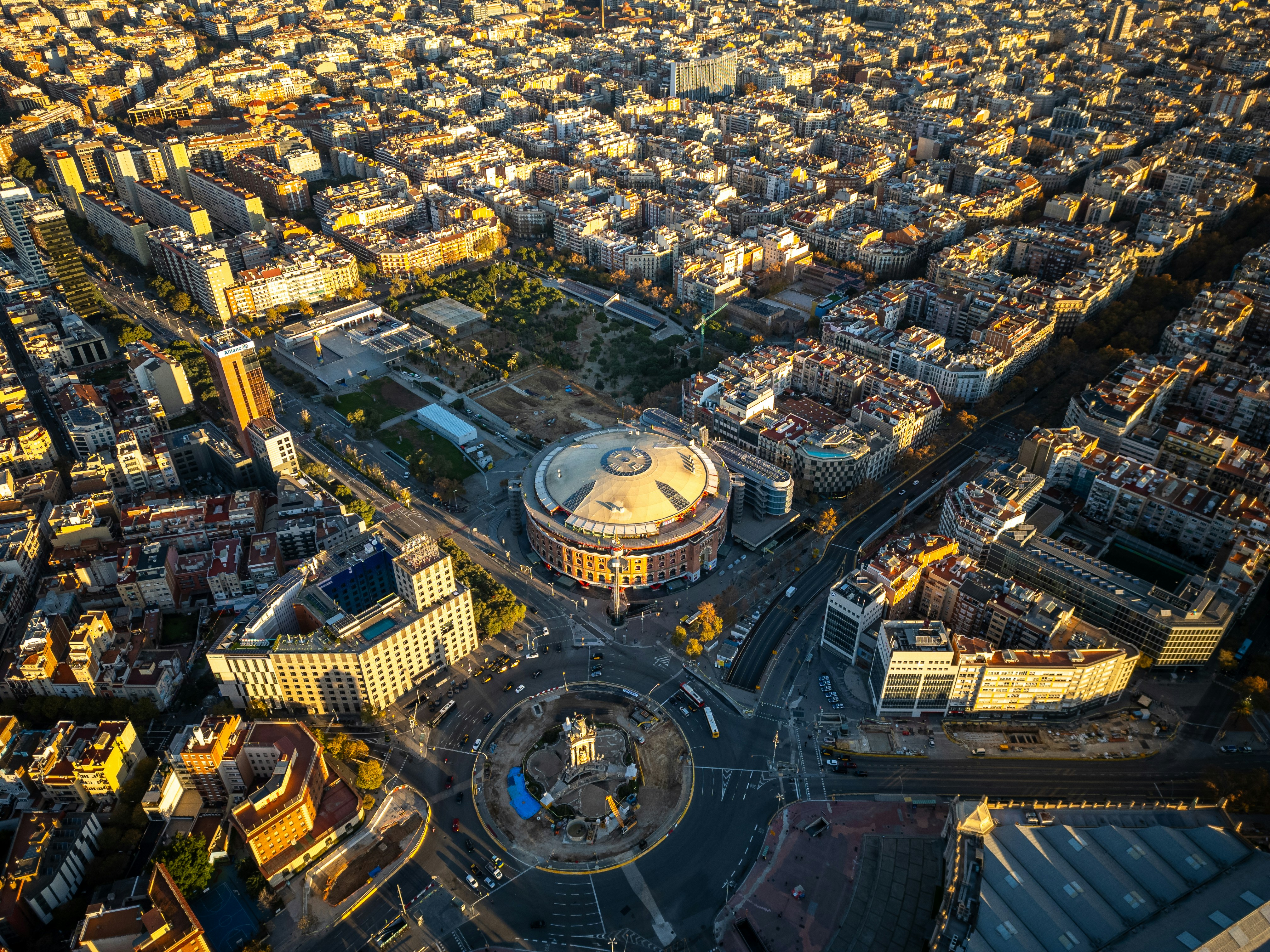 An aerial view of a city with tall buildings