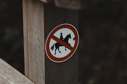 A no horse allowed sign on a wooden post