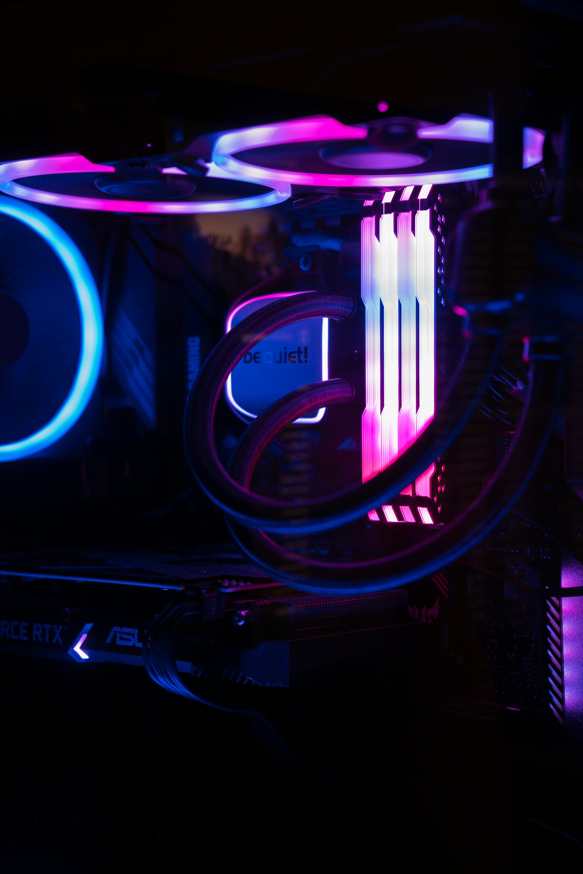 A close up of a computer case in the dark