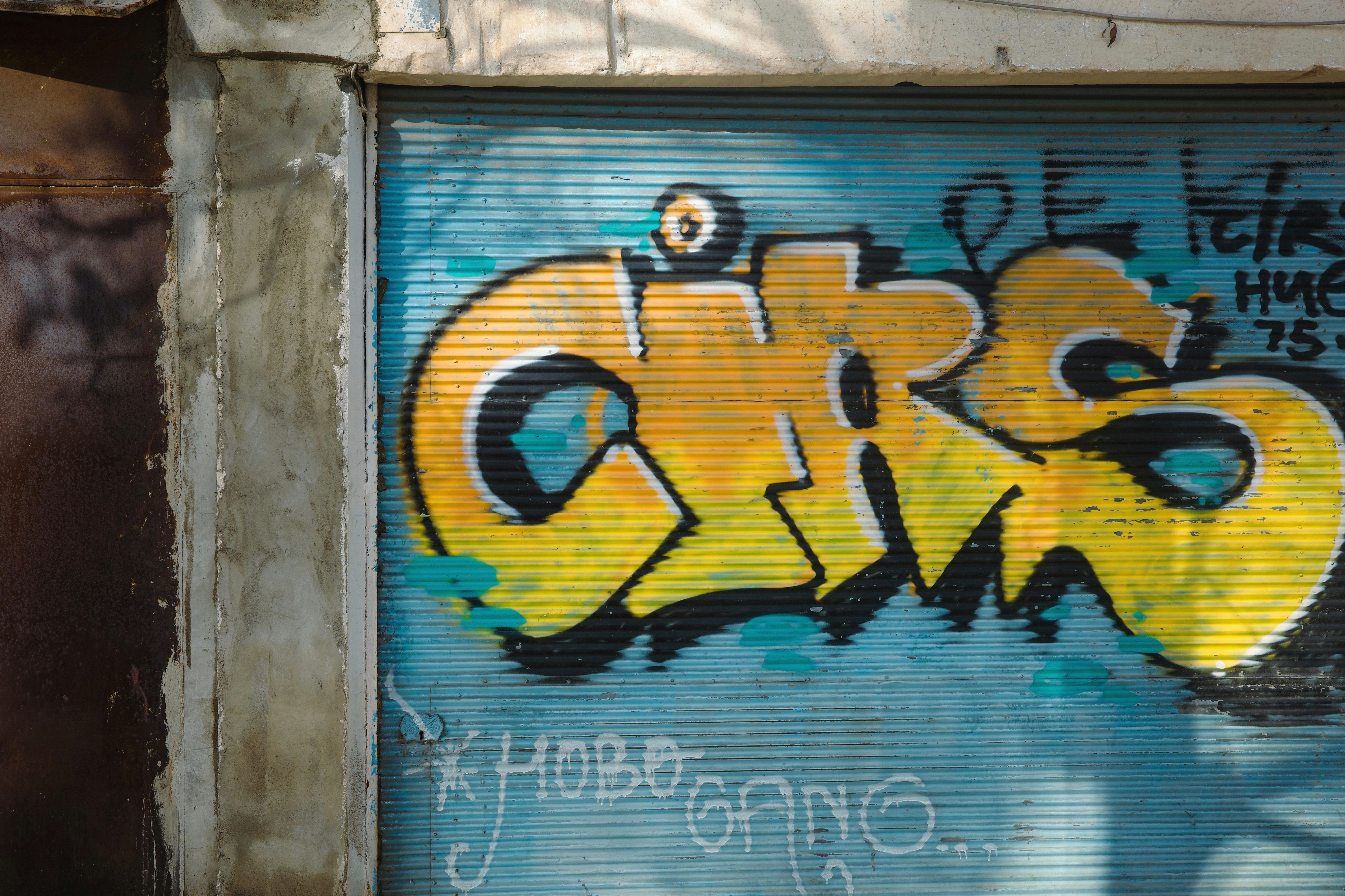 A garage door with graffiti written on it