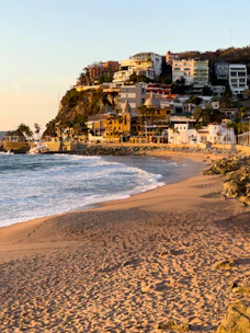 A sandy beach with houses on a hill in the background
