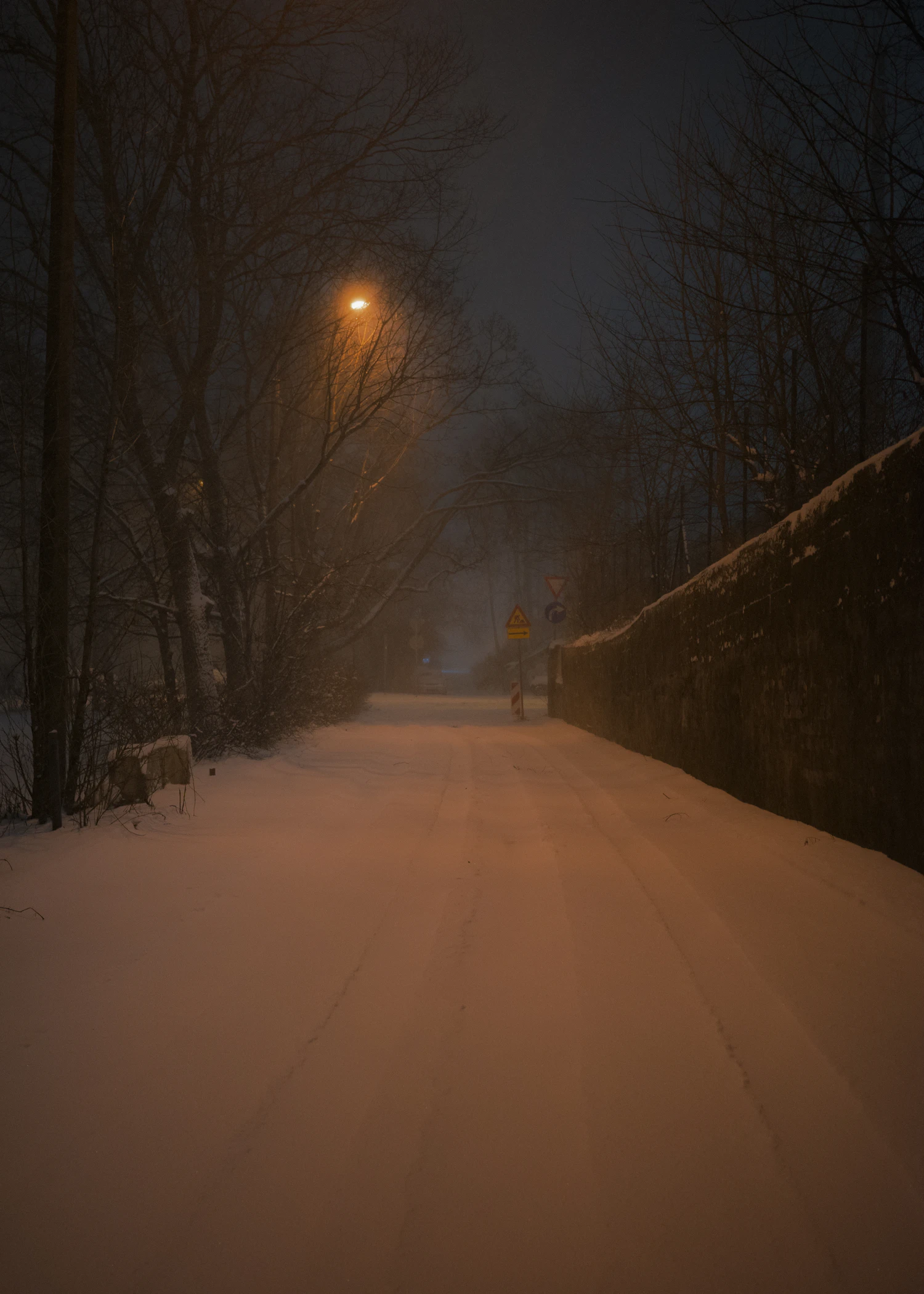 A snow-covered road running away into the dark with one lamp burning at the far end