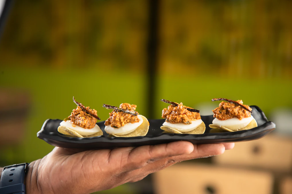 A person holding a plate of deviled eggs