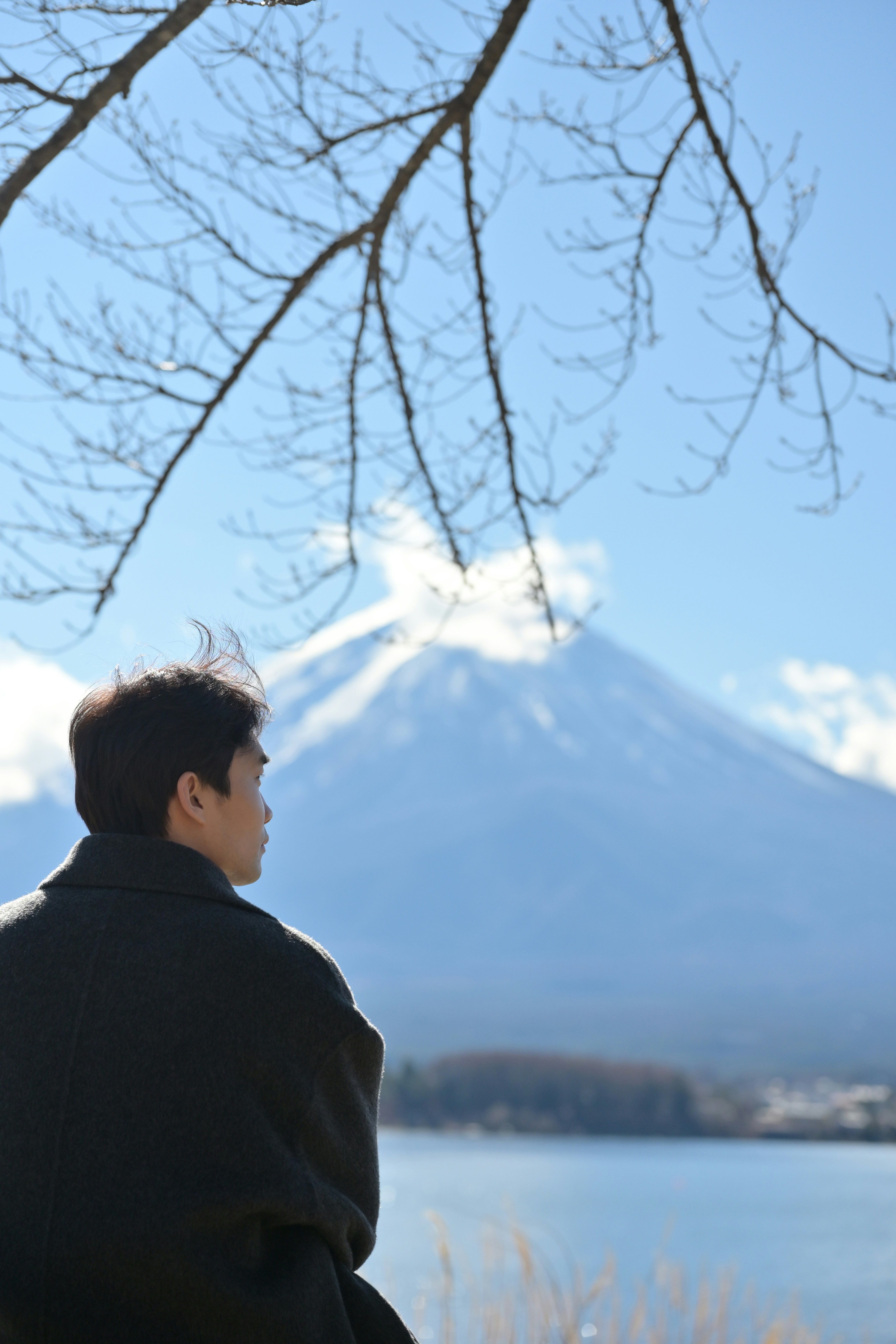 A man sitting on a bench next to a lake photo – Free Mount fuji Image ...