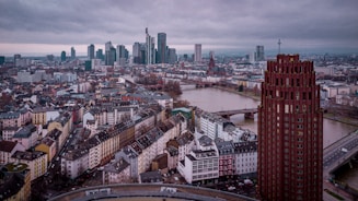 An aerial view of a city with tall buildings
