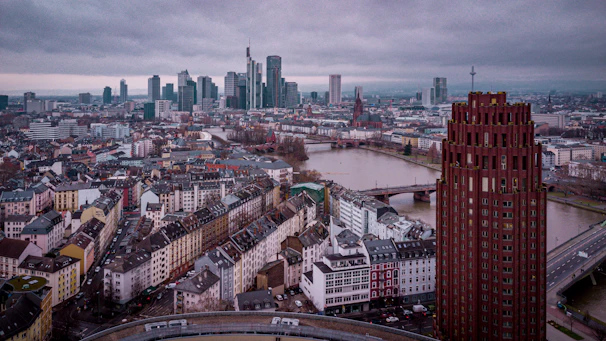 An aerial view of a city with tall buildings