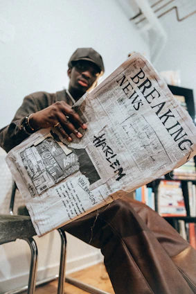 A man sitting in a chair reading a newspaper