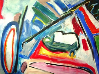 A painting of a car with a red, green, blue, yellow, and