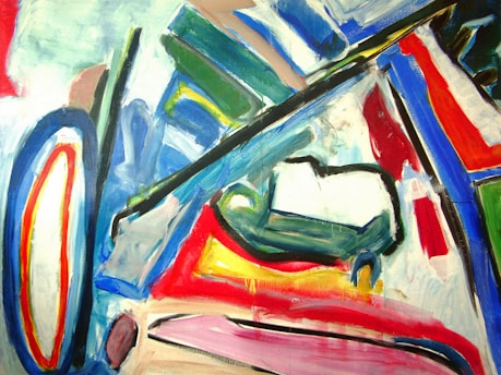 A painting of a car with a red, green, blue, yellow, and