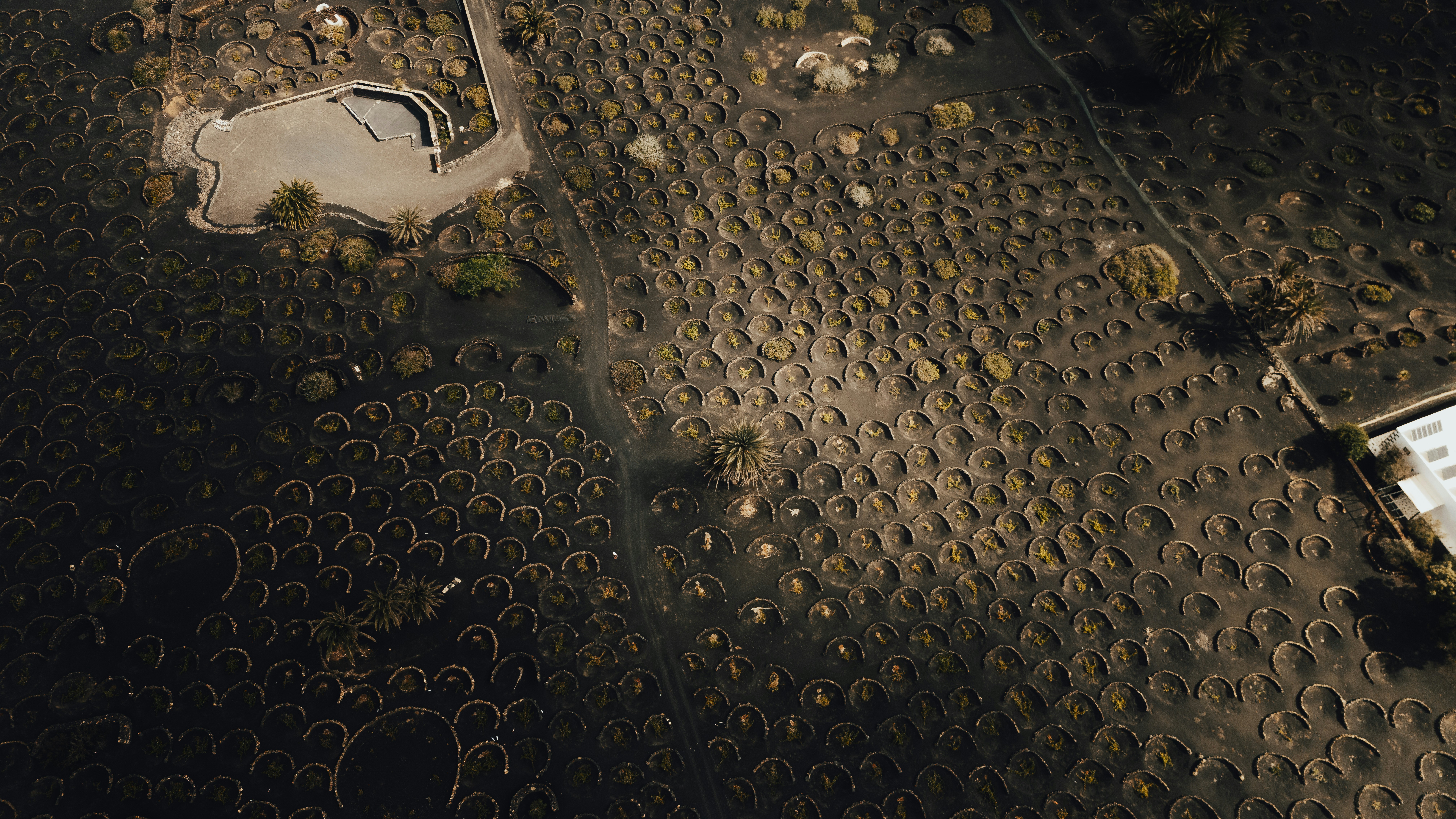 An aerial view of a street with a car parked on the side of the road