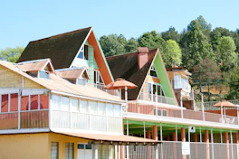 A row of multi - colored houses with trees in the background