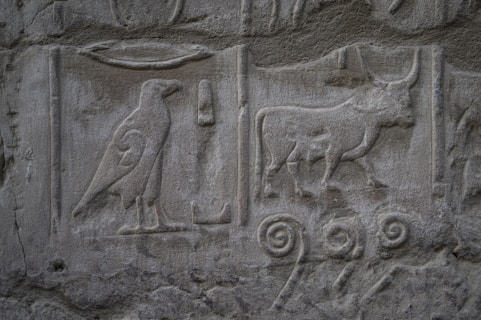 A close up of a stone wall with animals and birds