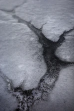 A black and white photo of a crack in the snow