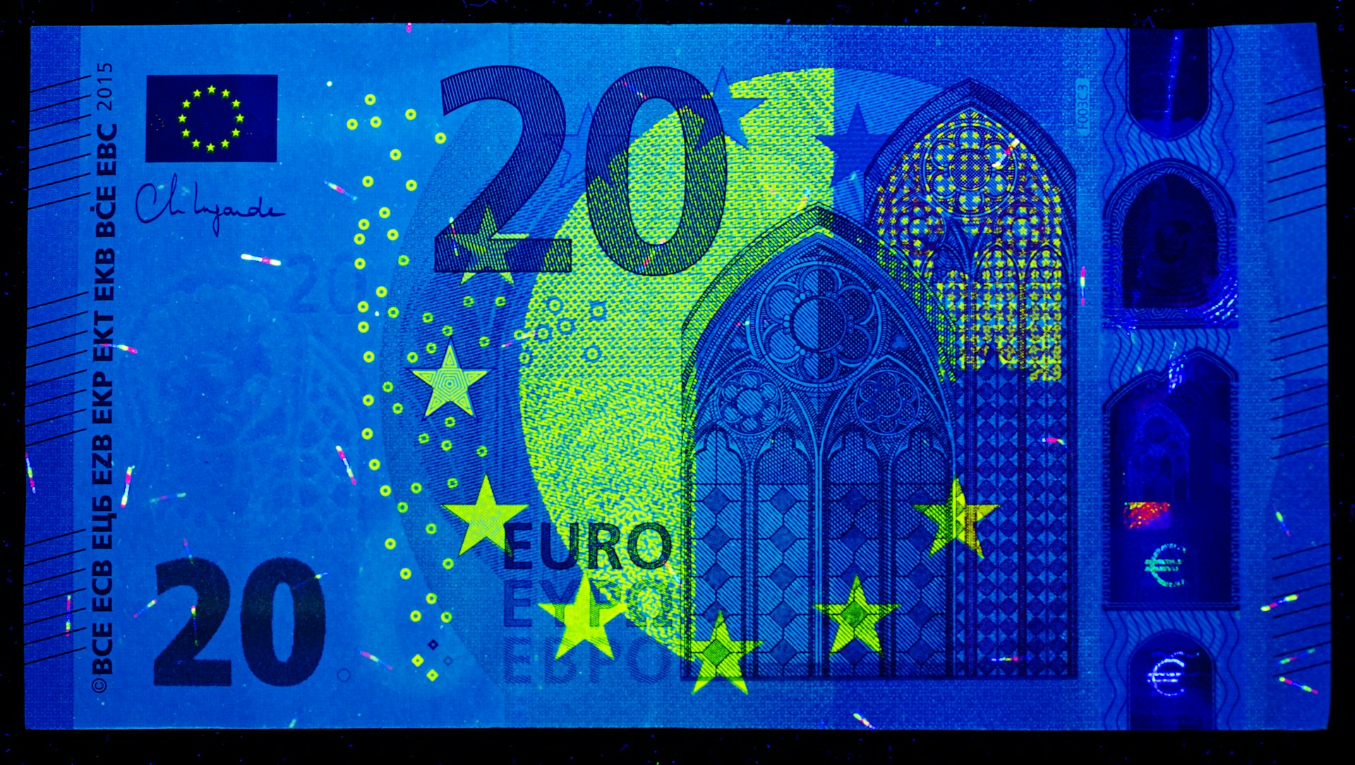 A close up of a 20 euro bill
