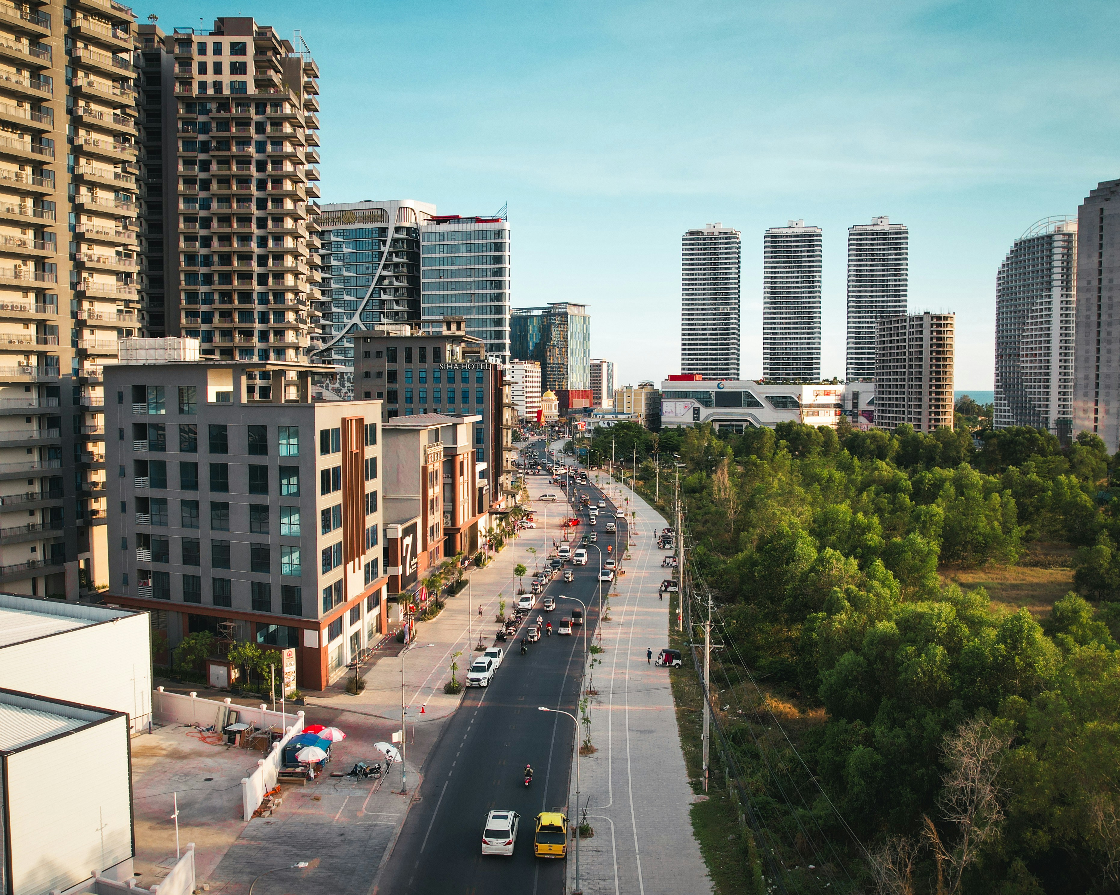A view of a city with tall buildings