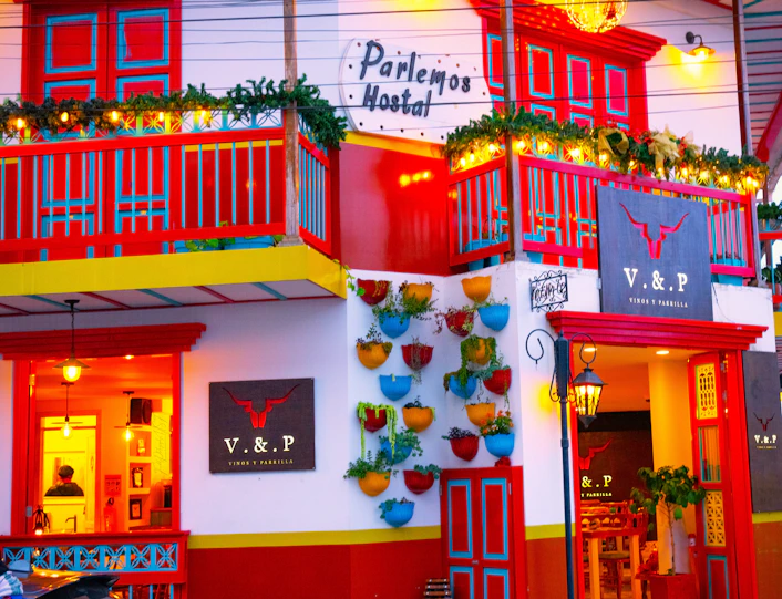 A brightly colored building with red and yellow trim