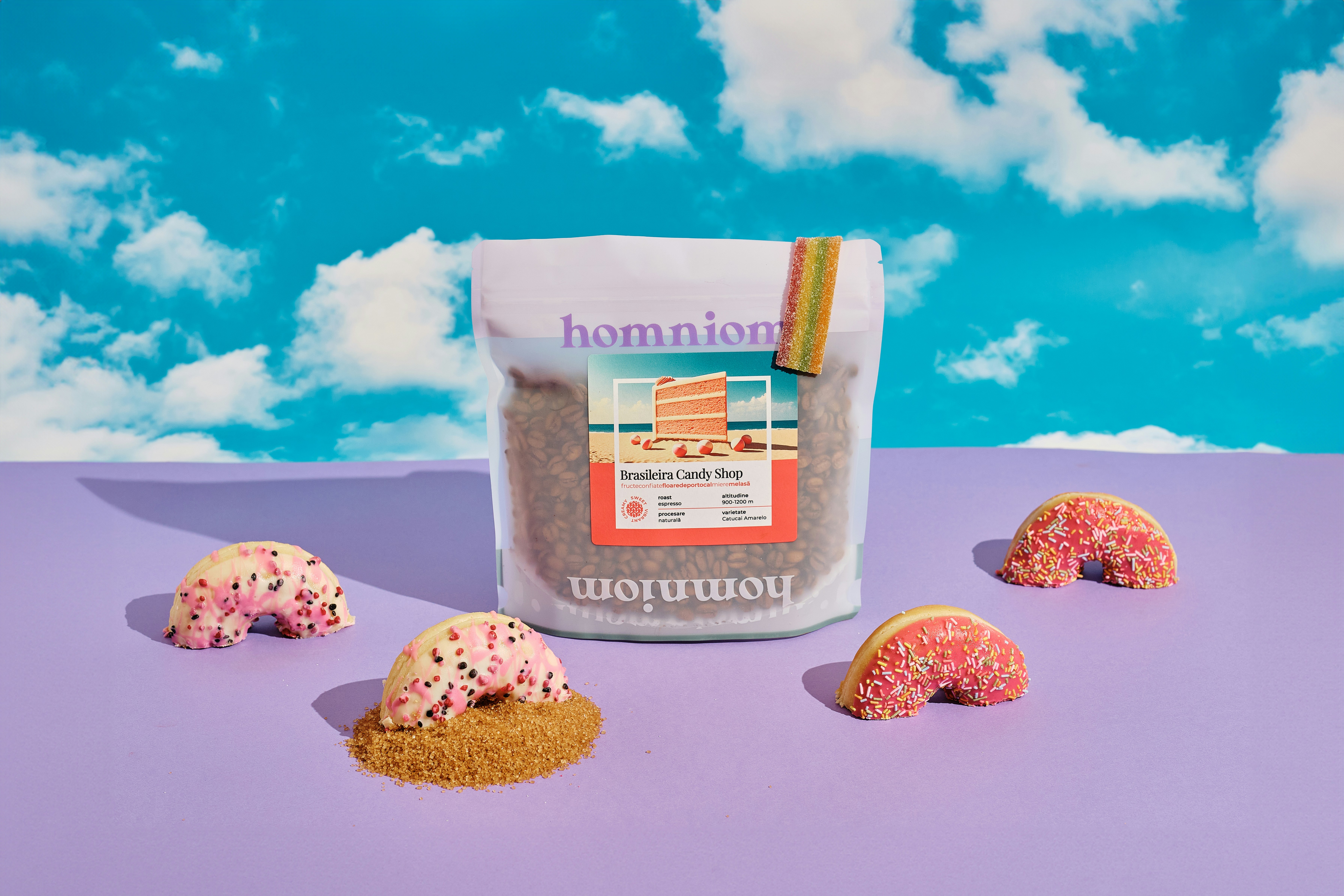 A bag of doughnuts sitting on top of a purple table