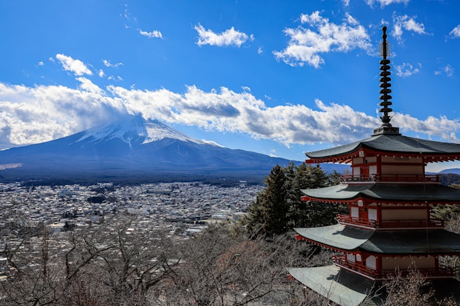 A pagoda with a mountain in the background