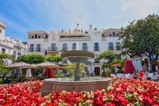A fountain surrounded by red flowers in front of a white building