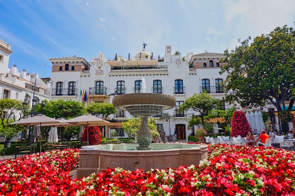 A fountain surrounded by red flowers in front of a white building