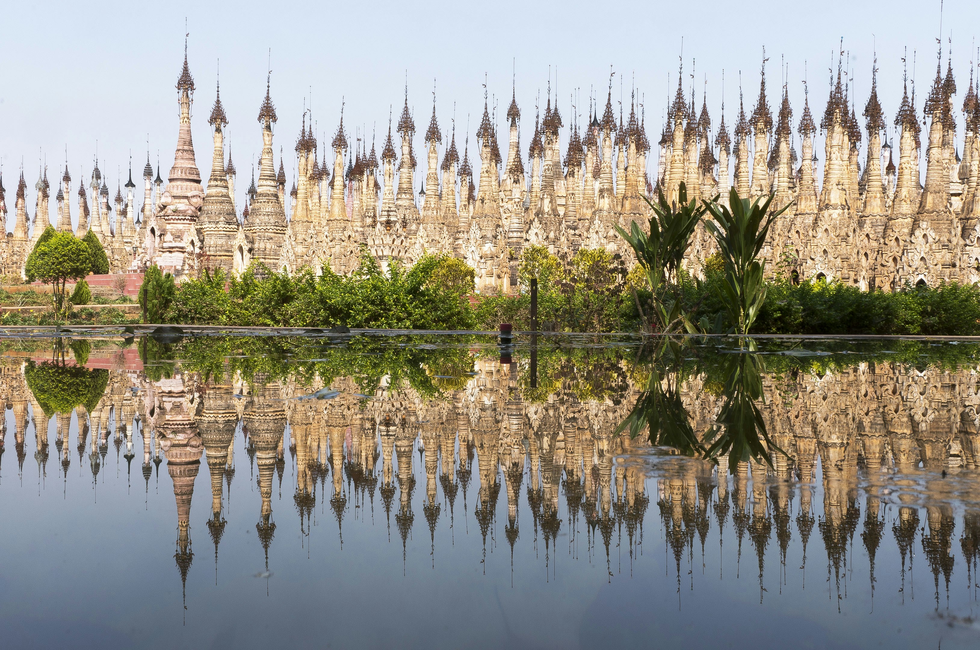 A large body of water surrounded by tall buildings