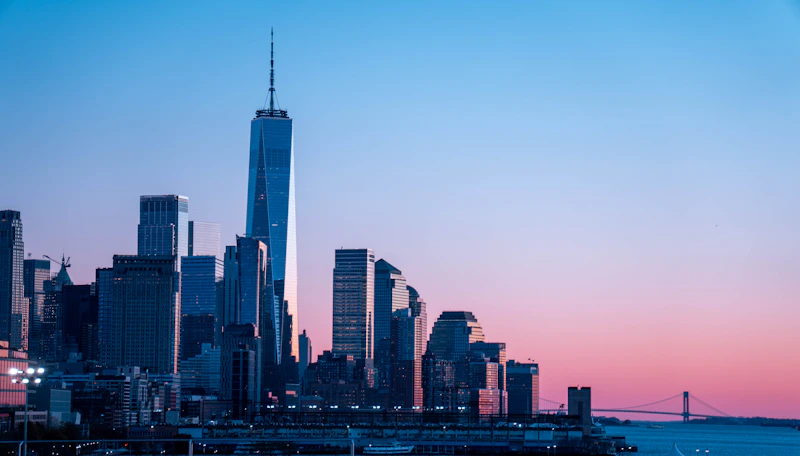 The Manhattan skyline at sunset in New York, USA
