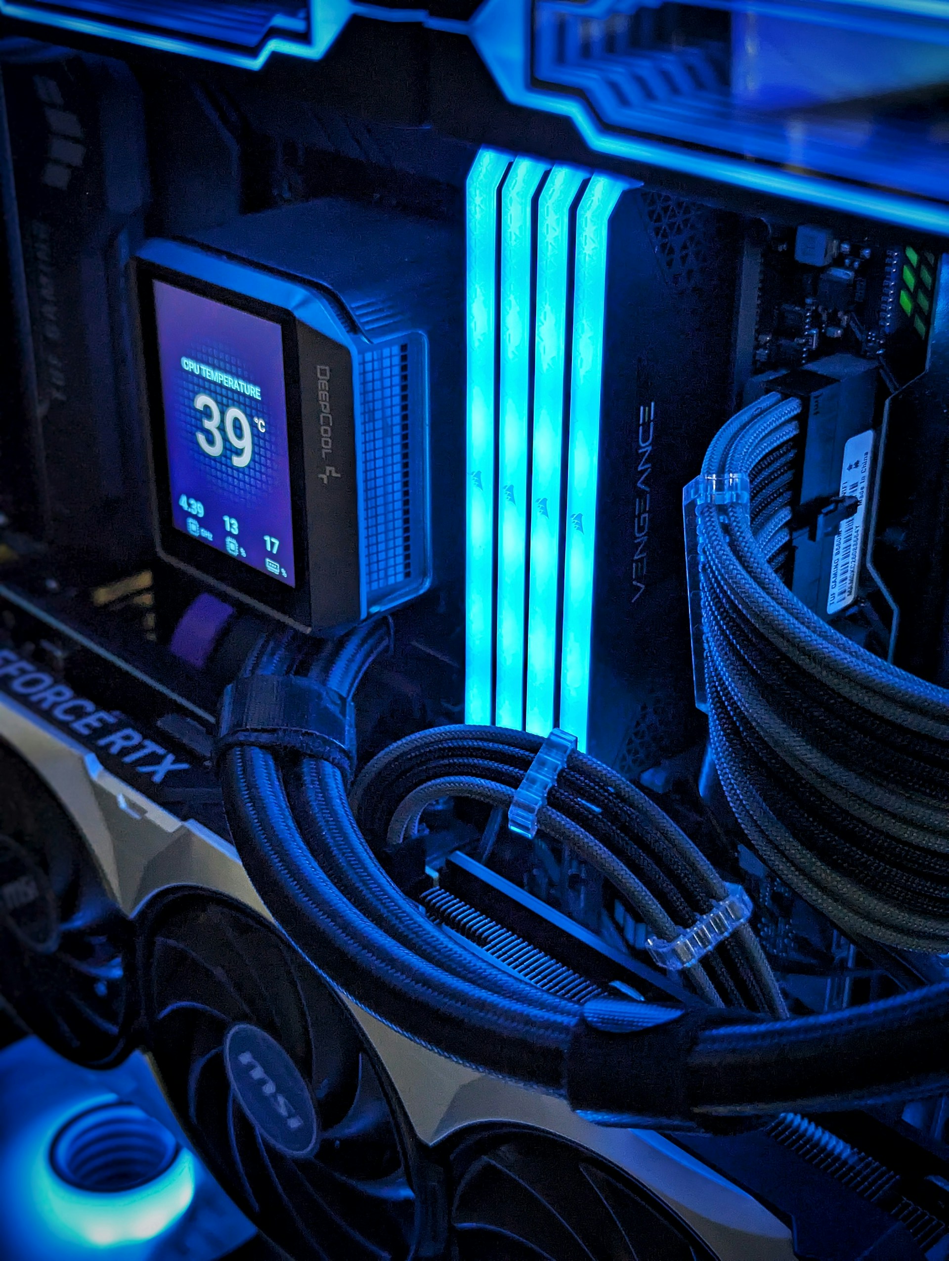 A close up of a computer with many wires