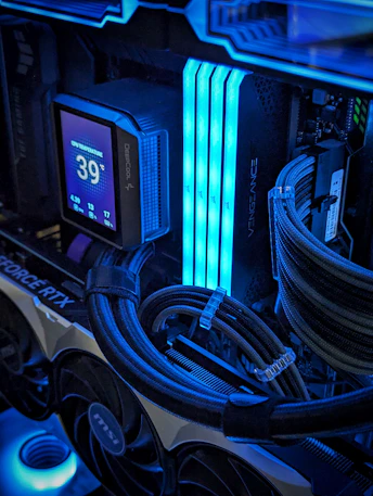 A close up of a computer with many wires