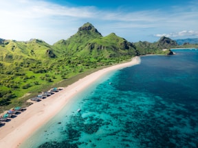 An aerial view of a beach and mountains